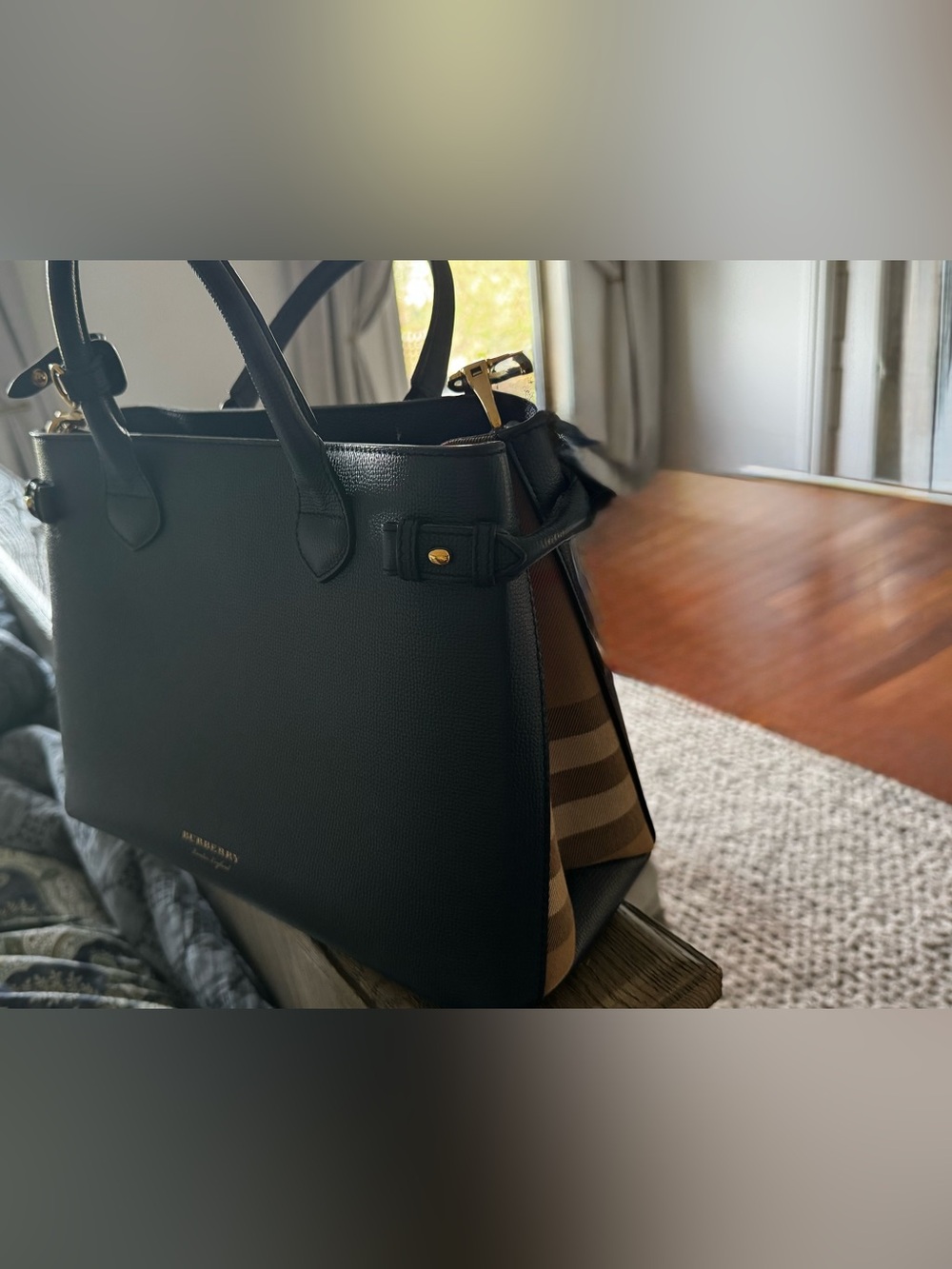 Burberry Navy Blue Leather Satchel with Tan Vintage Check Sides